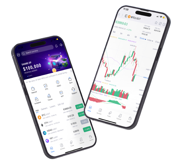 Two phones showing the HKD trading app: the home screen with a market list and a BTC/USDT candlestick chart