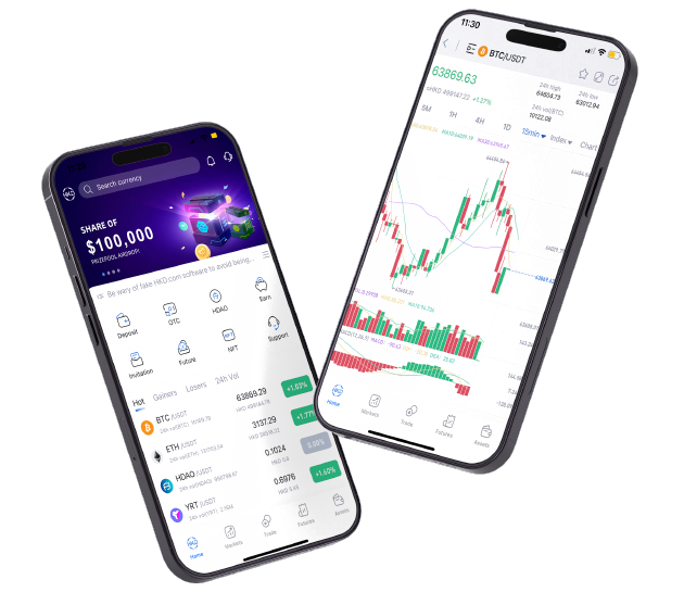 The HKD app on two phones: a markets list and a BTC/USDT chart